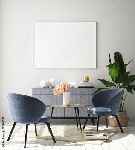 mock up poster frame in modern interior background, Scandinavian style, 3D render, 3D illustration