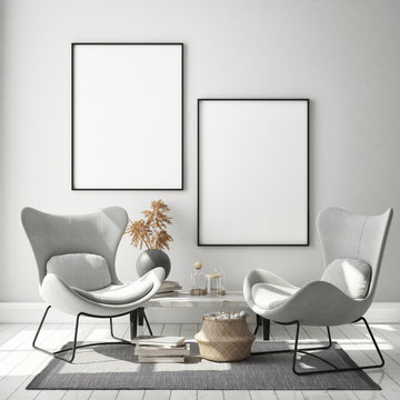 mock up poster frame in modern interior background, Scandinavian style, 3D render, 3D illustration