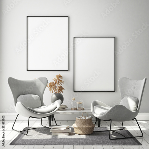 mock up poster frame in modern interior background, Scandinavian style, 3D render, 3D illustration