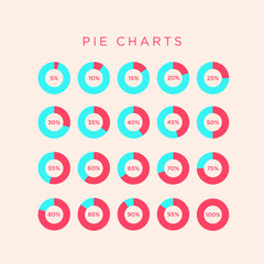 Abstract infographics, pie chart data, show the percentage from 5 percent to 100 percents. Red and blue colors.