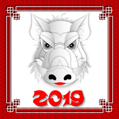 Chinese New Year banner, symbol 2019 year of the pig or boar. Handwritten inscription 2019 with the head of the pig or wild boar on traditional eastern background. 3d vector illustration. Paper cut ou