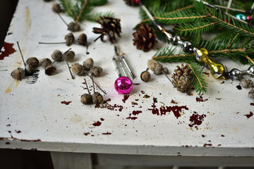 Christmas still life with vintage glass garlands