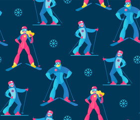 Winter Sport Seamless Pattern. Skiers and Snow.