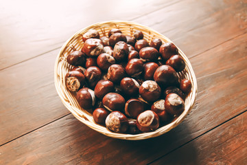 Obraz premium Fresh raw autumn chestnuts. Aesculus hippocastanum.