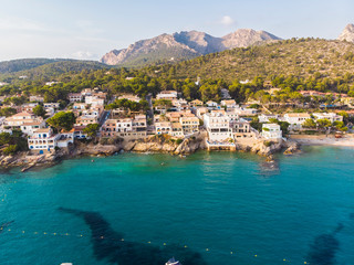 Aerial view, Spain, Balearic Islands, Majorca, Andratx region, Sant Elm or Sam Telmo, coast and natural harbor