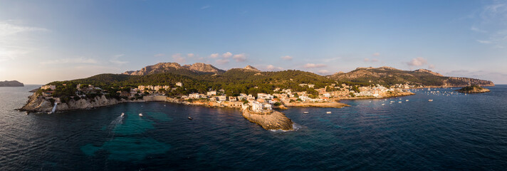 Fototapeta premium Aerial view, Spain, Balearic Islands, Majorca, Andratx region, Sant Elm or Sam Telmo, coast and natural harbor