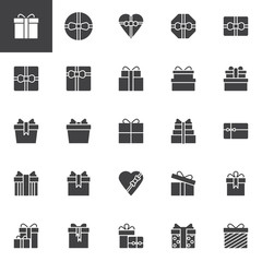 Gift boxes vector icons set, modern solid symbol collection, filled style pictogram pack. Signs, logo illustration. Set includes icons as heart gift box, christmas present box with bow and ribbon