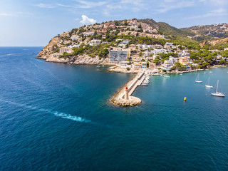 Fototapeta na wymiar Aerial view, Spain, Balearic Islands, Mallorca, Andratx region, Port d'Andratx, coast and natural harbor with lighthouse