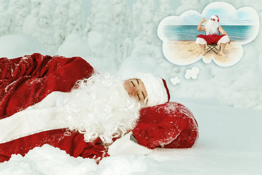 Tired Santa Claus fell asleep in the open air.