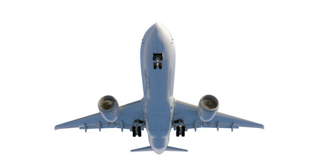 Commercial jet plane. 3D render. Bottom front view