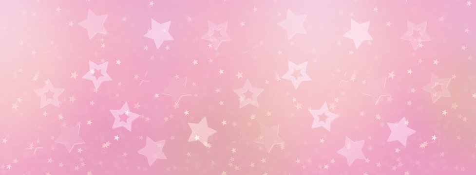 Pink stars on gold background with bokeh. Texture for new year, birthday, baby shower party. Creative pattern. Banner