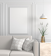 Mock up poster frame in Scandinavian style hipster interior. 3D illustration.