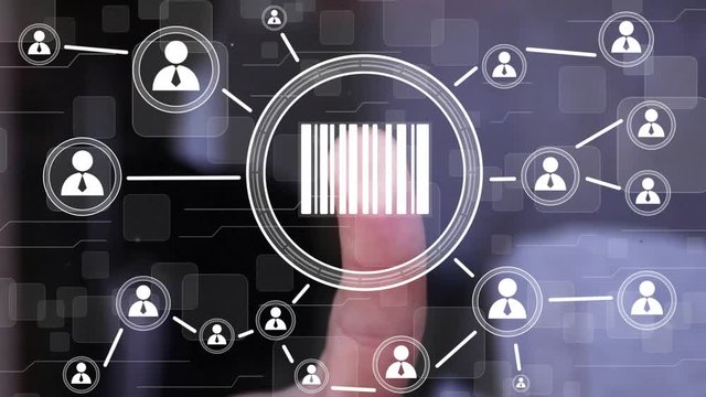 Businessman presses button barcode product network internet virtual interface.