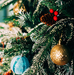 Background, square blank: Christmas tree decor, gifts, toys.