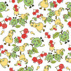 Obraz premium Fruit characters in a fun pattern. Pattern of funny apples, pears and cherries twins