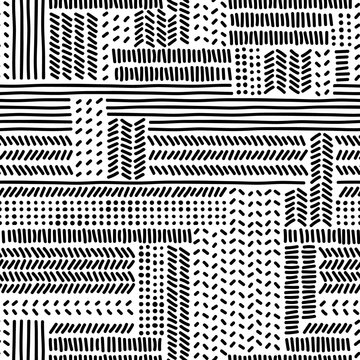 Simple black and white doodle strokes dots and triangles geometric striped seamless patterns set, vector