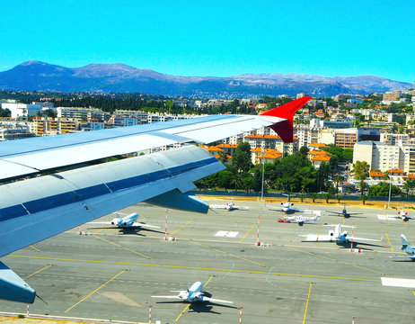 aerial view airport Nice from plane, French Riviera, Cote d'Azur,  France