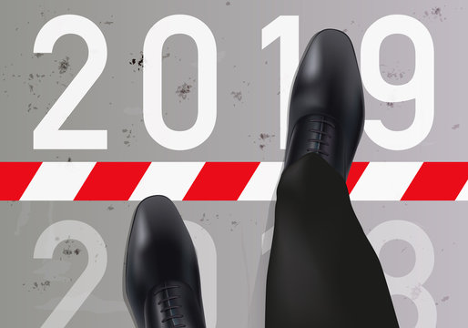 Carte de vœux 2019 montrant un homme vue du dessus, qui franchit une ligne symbolisant le passage à la nouvelle année