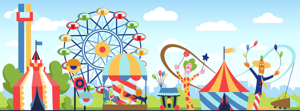 Amusement park. Fun park vector theme, kids carnival entertainments daytime, children amusing attractions cartoon illustration.