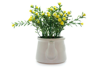 Artificial plastic flowers isolated on white background.