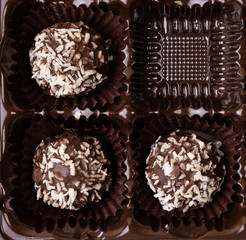 chocolate cakes with coconut crumb in a container closeup