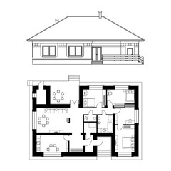 Architectural facade and plan of a house. Vector realistic illustration. Isolated on white background. EPS10