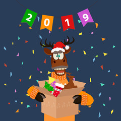 Happy New Year 2019 and Merry Christmas greeting card. Cute deer in a santa suit holding a box with a gift and background. Boxes with a toys and a serpentine. Vector