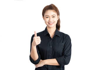 Obraz premium Beautiful Attractive Asian business woman wearing black shirt smile and making thumbs up feeling so happiness and confident with positive thinking,Isolated on white background,Business Concept