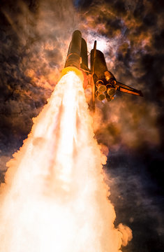 Spaceship Launch At Night, Low-angle Perspective. The Elements Of This Image Furnished By NASA.