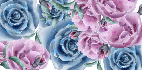 Blue roses watercolor Vector banner. Beautiful vintage pastel colors floral decor posters