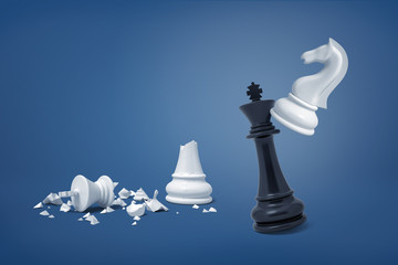 3d rendering of white chess knight hits a black king near broken pieces of a white king. © gearstd