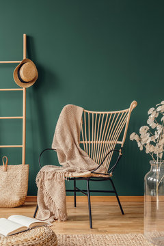 Wicker armchair with beige blanket, real photo with copy space on empty green wall