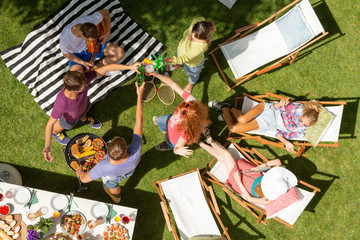 Top view on group of friends making toast and relaxing on sunbeds during garden party