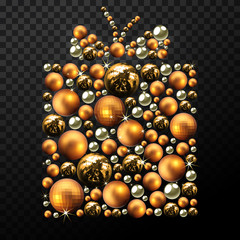 Decorative Christmas heart made of golden balls with highlights. High detailed realistic illustration.