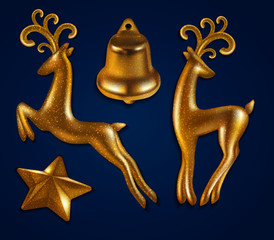 Christmas and New Year decorations. Deer, star, bell. High detailed realistic illustration.