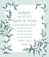Invitation card with green branches watercolor Vector. Beautiful vintage pastel colors floral decor frames