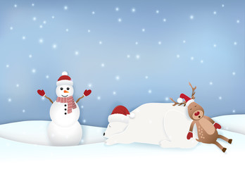 Polar bear with deer sleeping, Snowman in winter greeting card