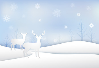 Paper art of Deer with snowflake and sky background