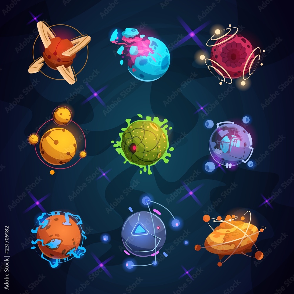 Canvas Prints cartoon fantastic planets. fantasy alien planet objects for space game. vector planet and asteroid o