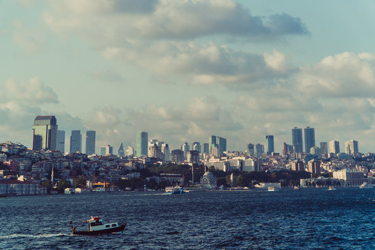 Sea transport. Boats sail against the backdrop of the city of Istanbul