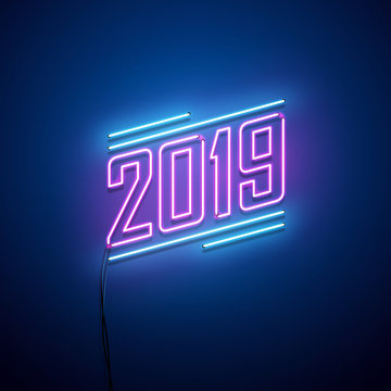 New year 2019 neon sign. Vector background. 