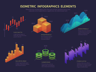 Isometric infographics. Presentation graphics, statistics data layer, growth chart and financial diagram. Vector digital infographic. Illustration of isometric diagram, infographic presentation