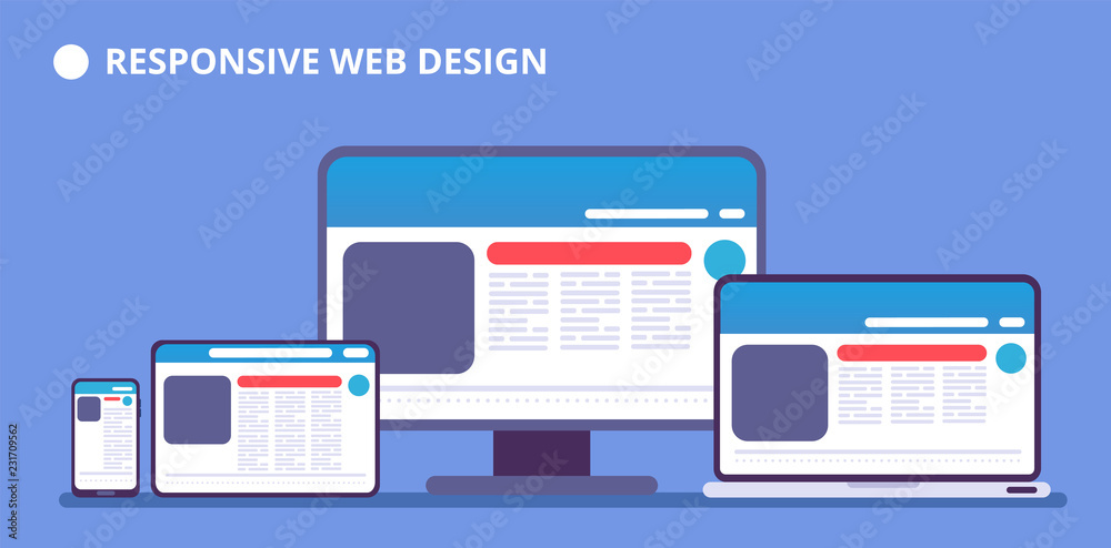Poster responsive website. webpage on different devices. tablet and phone, laptop and computer display with
