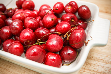 Close up of pile of ripe cherries