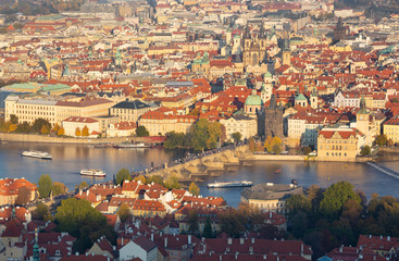 Fototapeta na wymiar Prague - The cityscape with the Charles bridge on Olt Town in morning light.