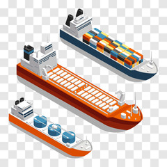 Modern cargo ships isometric vector design. Set of transportation ships isolated on transparent background. 3d ship freight in sea, shipping and logistic marine transportation illustration