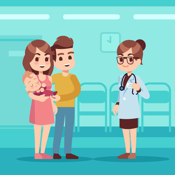 Happy family with baby and pediatrician doctor. Pediatric care vector cartoon concept. Family and pediatrician doctor woman, mother father with baby illustration