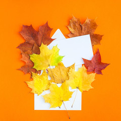 Autumn leaves in paper envelope mockup