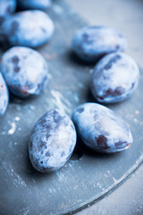 Fresh ripe plums on the rustic background. Selective focus. Shallow depth of field.