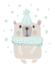 Christmas scandinavian style design. Hand drawn vector illustration of a cute funny bear in a muffler, going for a walk. Isolated objects on white background. Concept for kids apparel, nursery print
